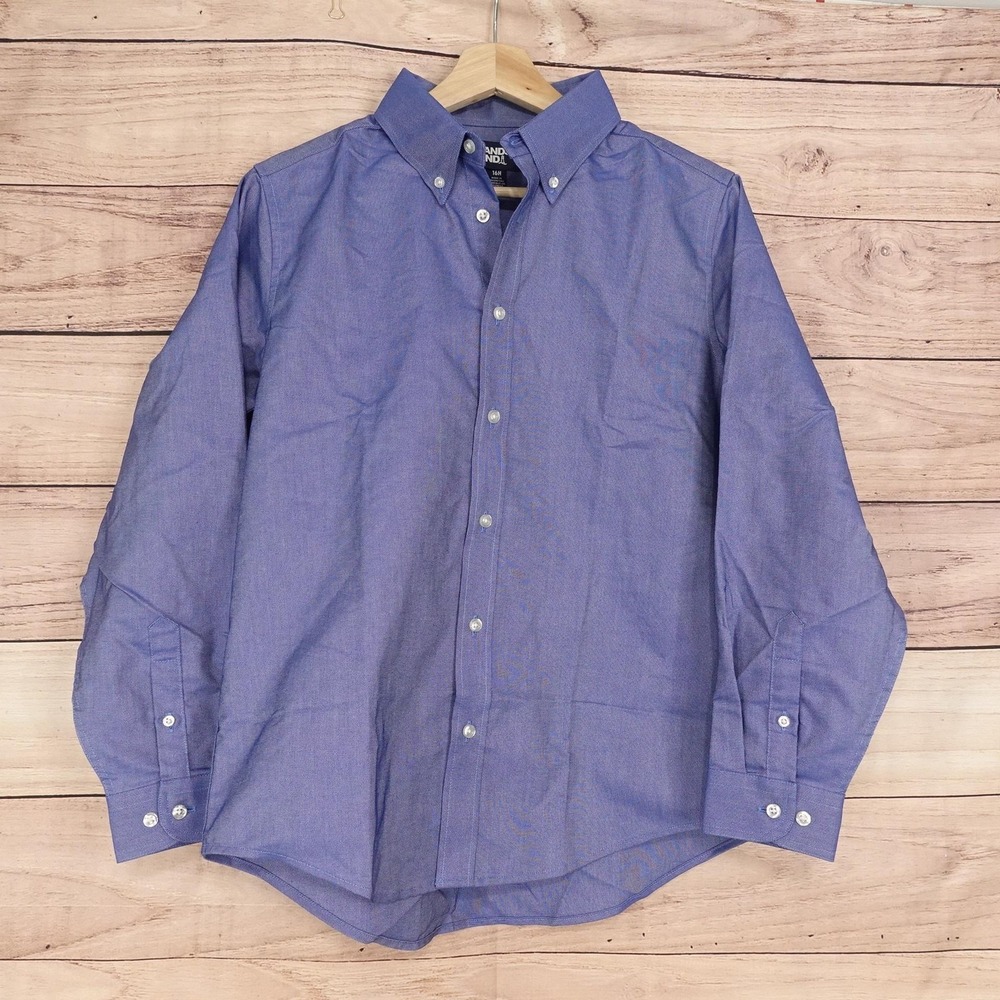 Lands' End Shirt Boys 16H Husky Blue Solid Button Down Long Sleeve Cotton Youth